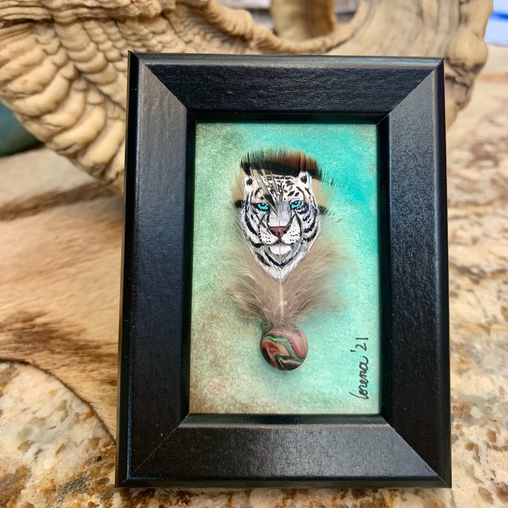 Handpainted white Tiger on miniature feather framed OOAK